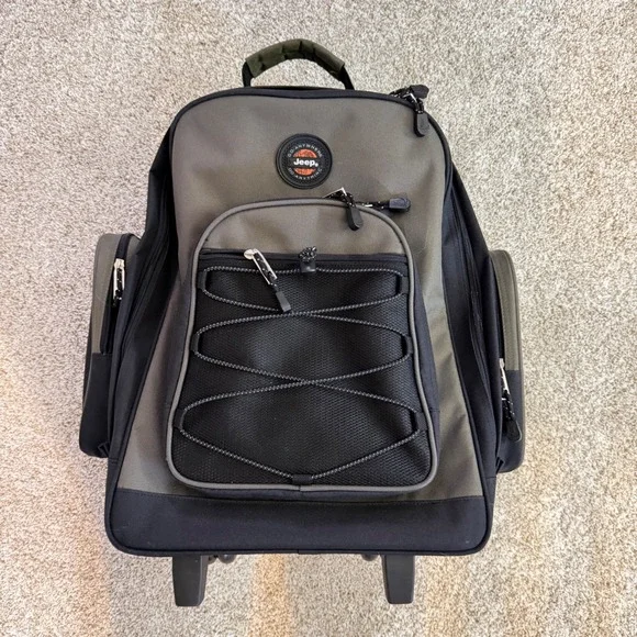 Y2K Jeep Rolling Backpack Travel Bag Olive Green Black 20 Inch Carry On Luggage - Picture 2 of 13